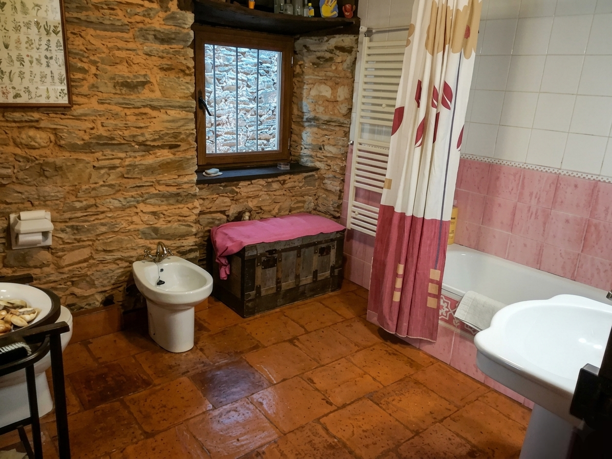 Baño rústico con ducha y detalles acogedores