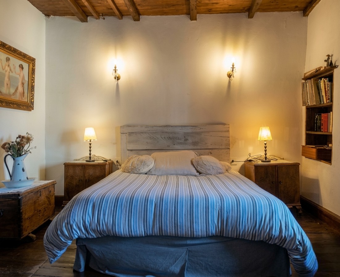 Habitación rústica con cama doble y ambiente cálido